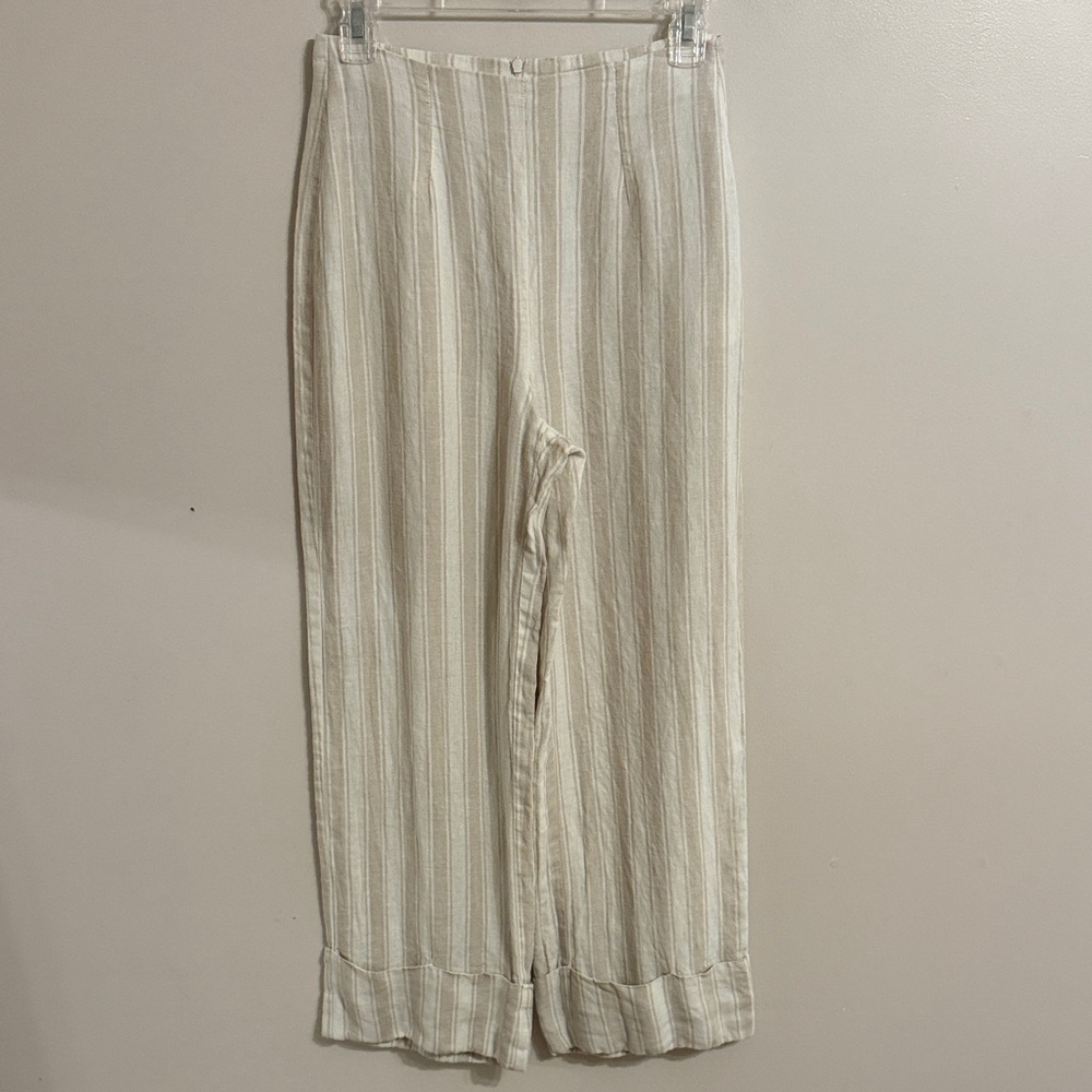 REFORMATION Linen Blend‎ Wide Leg Cuffed Pants cream and White Stripes Size 2